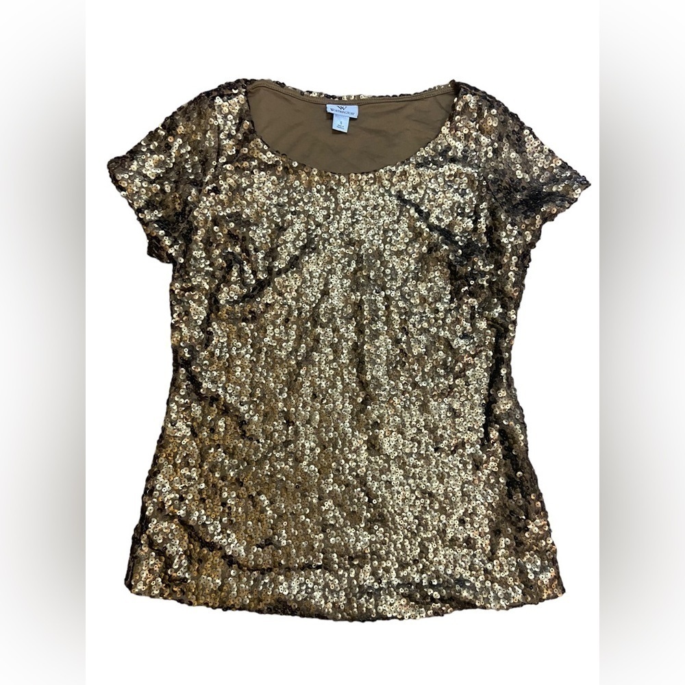 Worthington Gold Sequined Short Sleeve Top Small